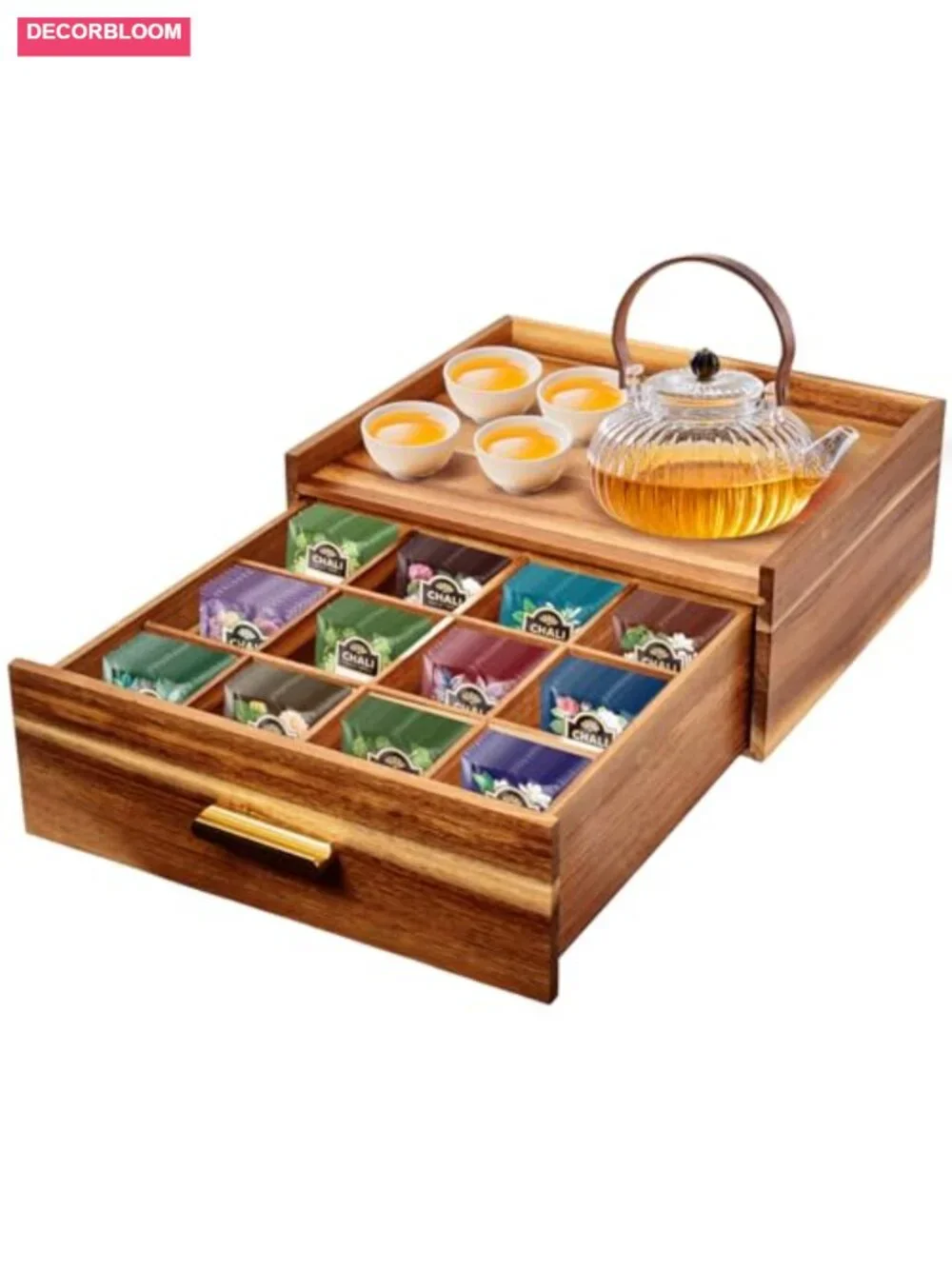Acacia Wood Tea Bag Organizer with 12 Compartments Drawer